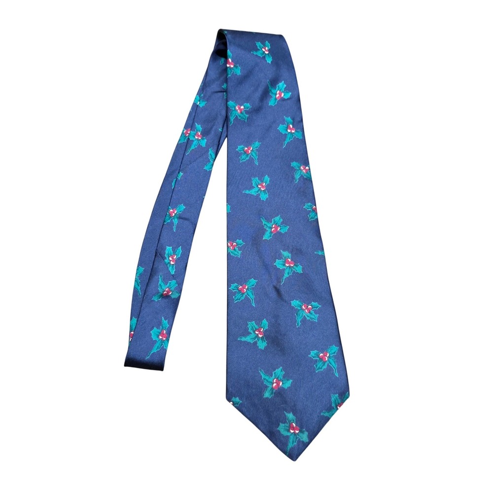 Surrey Mens Navy Blue Silk Holly Berry Christmas Holiday Necktie Made in USA
